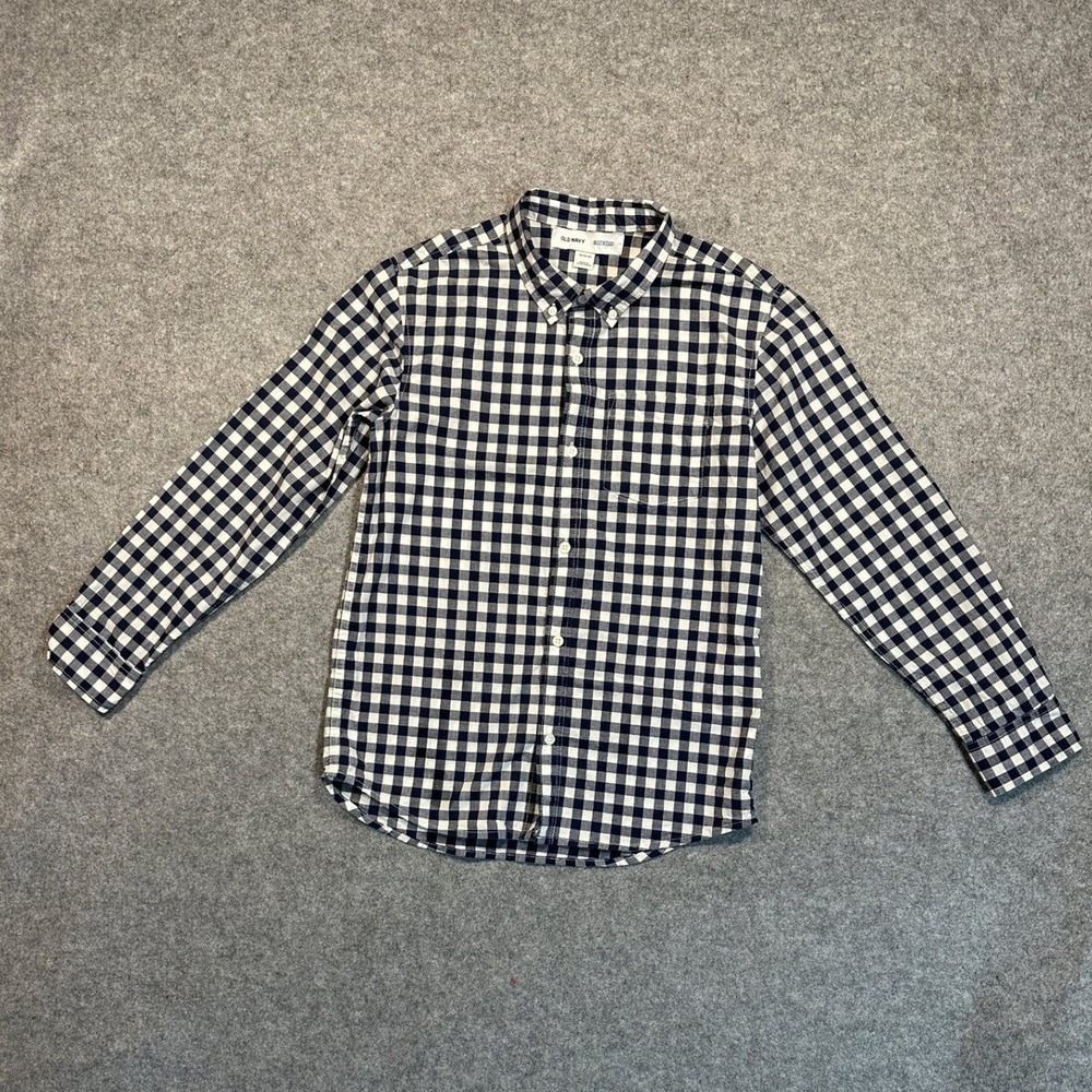 Old Navy Built-In Flex Button Down Shirt XL Boys Navy Gingham Checkered Cotton